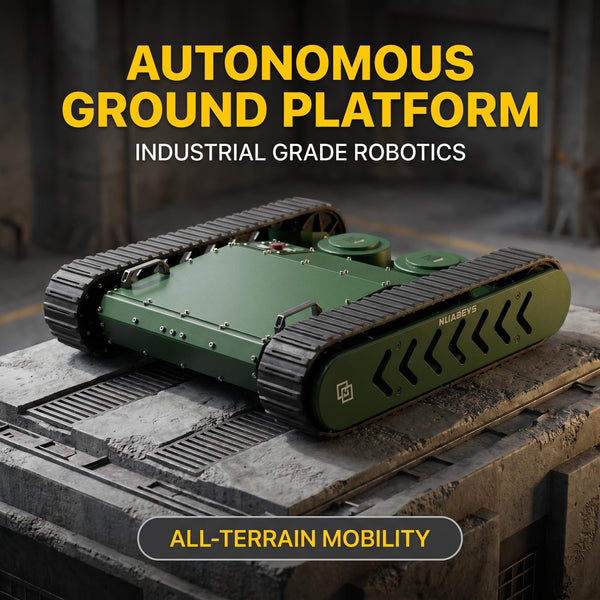 Green autonomous ground platform on a textured surface with 'Autonomous Ground Platform' text above.