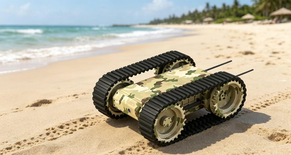 Toy tank with camouflage pattern on a sandy beach