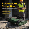 Person operating a green tracked vehicle with text about autonomous navigation and remote operation support.