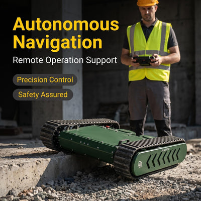 Person operating a green tracked vehicle with text about autonomous navigation and remote operation support.
