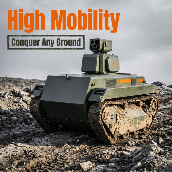 Military vehicle on a rocky terrain with 'High Mobility Conquer Any Ground' text.