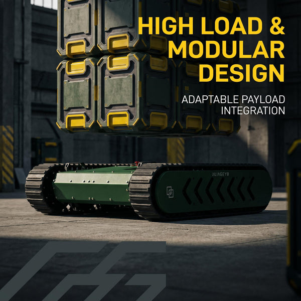 Robotic vehicle with modular design elements and text highlighting 'High Load & Modular Design' on a dark background.