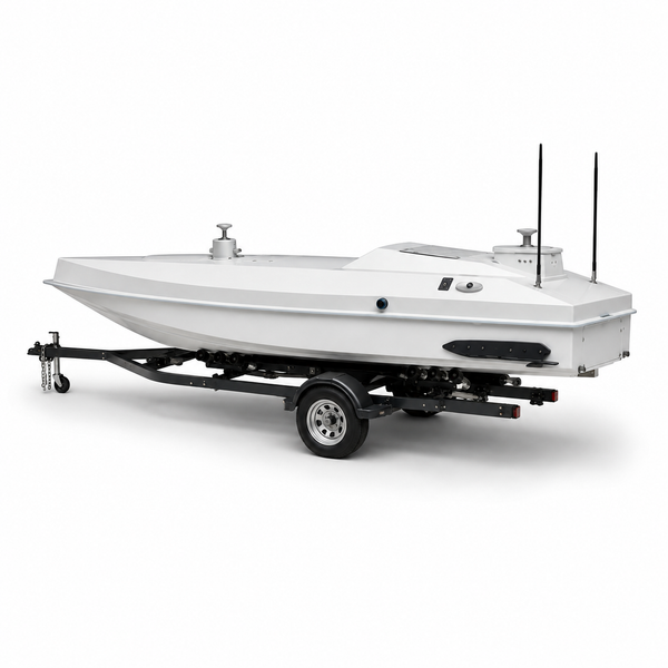 White boat on a trailer with a white background
