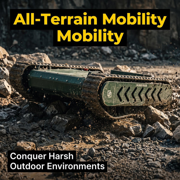 All-terrain mobility device on rocky terrain with text about conquering harsh environments.